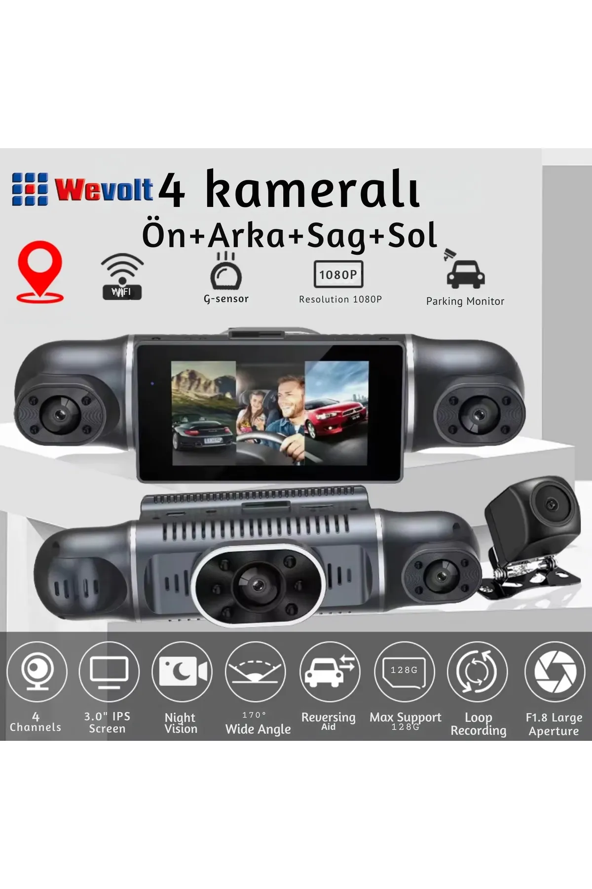 Wevolt MB-5900 4 Kameralı Araç Kamerası GPS WiFi 1080P Ön Arka Yan